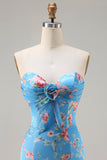 Vestido de baile longo com folhos e sereia floral azul com folhos e abertura