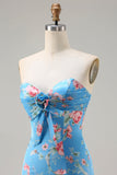 Vestido de baile longo com folhos e sereia floral azul com folhos e abertura