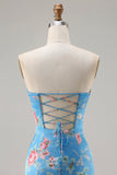 Vestido de baile longo com folhos e sereia floral azul com folhos e abertura