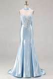 Vestido de Baile de Baile de Finalista Longo de Cetim Conversível Espartilho de Sereia Azul com Serpentine