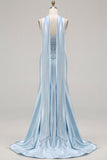Vestido de Baile de Baile de Finalista Longo de Cetim Conversível Espartilho de Sereia Azul com Serpentine