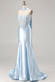 Vestido de Baile de Baile de Finalista Longo de Cetim Conversível Espartilho de Sereia Azul com Serpentine