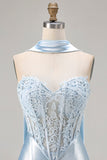 Vestido de Baile de Baile de Finalista Longo de Cetim Conversível Espartilho de Sereia Azul com Serpentine