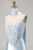 Vestido de Baile de Baile de Finalista Longo de Cetim Conversível Espartilho de Sereia Azul com Serpentine