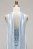 Vestido de Baile de Baile de Finalista Longo de Cetim Conversível Espartilho de Sereia Azul com Serpentine