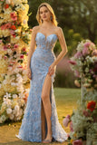 Espartilho sem alças em forma de sereia fúcsia, flores 3D com lantejoulas, vestido longo de baile com fenda
