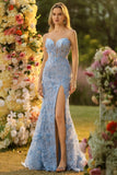 Espartilho sem alças em forma de sereia fúcsia, flores 3D com lantejoulas, vestido longo de baile com fenda