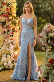 Espartilho sem alças em forma de sereia fúcsia, flores 3D com lantejoulas, vestido longo de baile com fenda