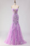 Espartilho de Sereia Sem Alças Roxo, Vestido de Baile Longo com Contas