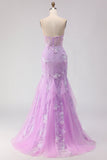 Espartilho de Sereia Sem Alças Roxo, Vestido de Baile Longo com Contas