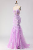 Espartilho de Sereia Sem Alças Roxo, Vestido de Baile Longo com Contas