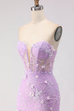 Espartilho de Sereia Sem Alças Roxo, Vestido de Baile Longo com Contas