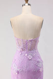 Espartilho de Sereia Sem Alças Roxo, Vestido de Baile Longo com Contas
