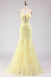 Vestido longo de baile de finalistas em Corset Amarelo Sereia Renda Amarelo Sem Alças