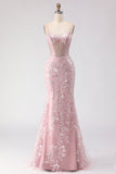 Vestido longo de baile de finalistas com espartilhos com Corset de Sereias brilhantes e blush