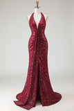 Vestido longo de baile de finalistas com lantejoulas em cor de vinho cintilante