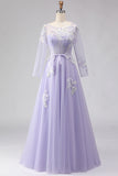 Vestido de Baile de Finalistas Longo em Tule com Espartilho Lilás Linha A e Mangas Compridas