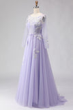 Vestido de Baile de Finalistas Longo em Tule com Espartilho Lilás Linha A e Mangas Compridas