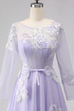 Vestido de Baile de Finalistas Longo em Tule com Espartilho Lilás Linha A e Mangas Compridas