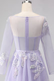 Vestido de Baile de Finalistas Longo em Tule com Espartilho Lilás Linha A e Mangas Compridas