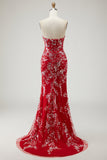 Vestido de Baile Longo, Aplicado, Sem Alças, Sereia Vermelha e Bordados