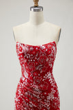 Vestido de Baile Longo, Aplicado, Sem Alças, Sereia Vermelha e Bordados