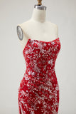 Vestido de Baile Longo, Aplicado, Sem Alças, Sereia Vermelha e Bordados