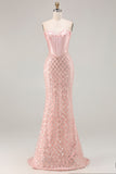 Vestido longo de baile de finalistas com Corset de Sereia e Lantejoulas Blush