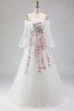 Vestido de Baile Branco Bordado em Linha A Ombro Descoberto com Lantejoulas e Lantejoulas