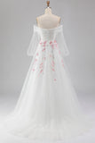 Vestido de Baile Branco Bordado em Linha A Ombro Descoberto com Lantejoulas e Lantejoulas