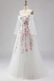 Vestido de Baile Branco Bordado em Linha A Ombro Descoberto com Lantejoulas e Lantejoulas