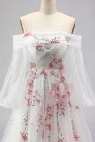 Vestido de Baile Branco Bordado em Linha A Ombro Descoberto com Lantejoulas e Lantejoulas