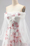 Vestido de Baile Branco Bordado em Linha A Ombro Descoberto com Lantejoulas e Lantejoulas