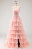 Corset de Lantejoulas A Line, Strapless Strapless Corset, Vestido de Baile Longo com Folhos em Camadas e Fenda