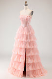 Corset de Lantejoulas A Line, Strapless Strapless Corset, Vestido de Baile Longo com Folhos em Camadas e Fenda