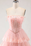 Corset de Lantejoulas A Line, Strapless Strapless Corset, Vestido de Baile Longo com Folhos em Camadas e Fenda