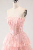 Corset de Lantejoulas A Line, Strapless Strapless Corset, Vestido de Baile Longo com Folhos em Camadas e Fenda