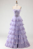 Corset de Lantejoulas A Line, Strapless Strapless Corset, Vestido de Baile Longo com Folhos em Camadas e Fenda