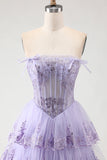 Corset de Lantejoulas A Line, Strapless Strapless Corset, Vestido de Baile Longo com Folhos em Camadas e Fenda