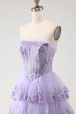 Blush Folhos Sem alças com folhos em camadas A Line Curtas Corset Vestido de Baile Longo com Fenda