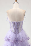 Blush Folhos Sem alças com folhos em camadas A Line Curtas Corset Vestido de Baile Longo com Fenda