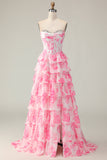 Flor Rosa Branca Uma Linha Querida Sequins Tiered Corset Long Prom Dress with Slit
