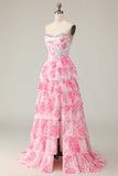 Flor Rosa Branca Uma Linha Querida Sequins Tiered Corset Long Prom Dress with Slit