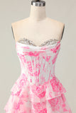 Flor Rosa Branca Uma Linha Querida Sequins Tiered Corset Long Prom Dress with Slit