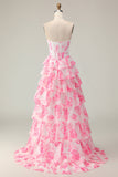 Flor Rosa Branca Uma Linha Querida Sequins Tiered Corset Long Prom Dress with Slit