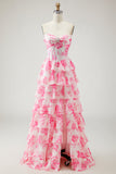 Branco Rosa Floral A Line Strapless Corset Vestido de Baile Longo com Folhos e Fenda