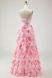 Branco Rosa Floral A Line Strapless Corset Vestido de Baile Longo com Folhos e Fenda