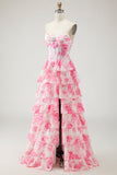 Branco Rosa Floral A Line Strapless Corset Vestido de Baile Longo com Folhos e Fenda