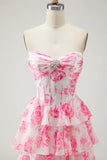 Branco Rosa Floral A Line Strapless Corset Vestido de Baile Longo com Folhos e Fenda