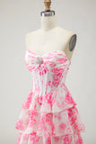 Branco Rosa Floral A Line Strapless Corset Vestido de Baile Longo com Folhos e Fenda
